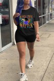 Blue Fashion Casual Print Basic O Neck Short Sleeve Two Pieces