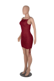 Burgundy Sexy Solid Fold Spaghetti Strap Pencil Skirt Dresses