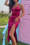 Red Sexy Solid High Opening Spaghetti Strap Pencil Skirt Dresses