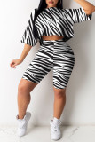 White Casual Street Print Zebra Print Patchwork O Neck Half Sleeve Two Pieces