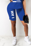 Blue Casual Print Patchwork O Neck Short Sleeve Two Pieces