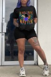 Blue Fashion Casual Print Basic O Neck Short Sleeve Two Pieces