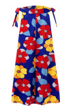 Blue Sexy Bohemian Floral Strap Design Off the Shoulder Maxi Dresses