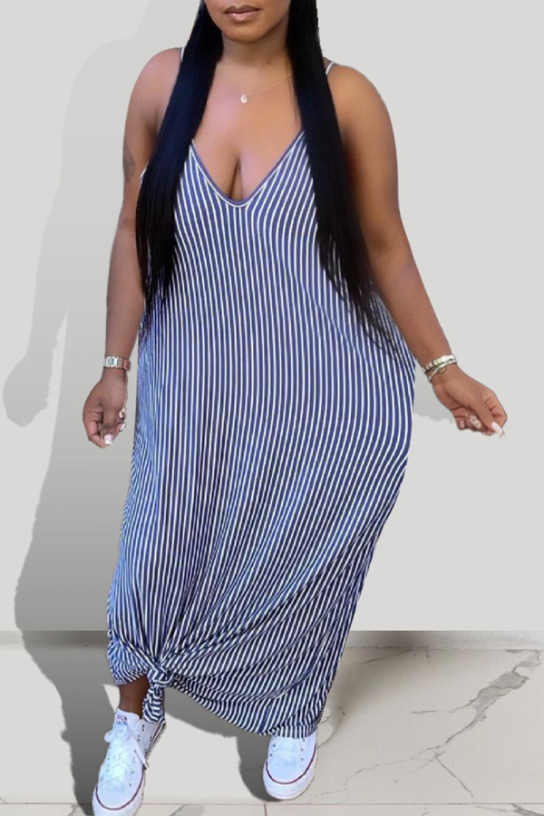 Blue Sexy Striped Patchwork Spaghetti Strap Straight Dresses