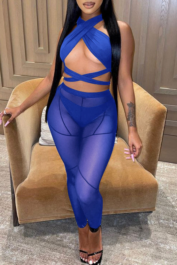Colorful Blue Sexy Solid Bandage Split Joint See-through Asymmetrical Sleeveless Three Pieces