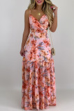 Pink Fashion Sweet Vacation Floral Cut Out Spaghetti Strap Maxi Dresses