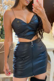 Black Fashion Sexy Solid Backless Spaghetti Strap Sleeveless Two Pieces