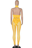 Yellow Sexy Solid Bandage Split Joint See-through Asymmetrical Sleeveless Three Pieces