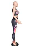 Black Casual Print Patchwork O Neck Sleeveless Two Pieces