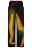 Brown Fashion Casual Print Basic Regular Mid Waist Trousers