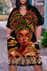 Black Orange Fashion Casual Print Basic V Neck Short Sleeve Dress