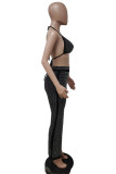 Black Fashion Sexy Patchwork Hot Drilling Bandage Backless Halter Sleeveless Two Pieces