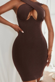 Brown Sexy Solid Patchwork Halter Pencil Skirt Dresses