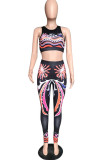 Black Casual Print Patchwork O Neck Sleeveless Two Pieces