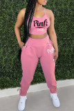Pink Sexy Casual Letter Print Vests Pants O Neck Sleeveless Two Pieces