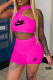 Rose Red Fashion Casual Print Letter O Neck Sleeveless Two Pieces