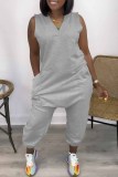 Orange Fashion Casual Solid Basic V Neck Regular Jumpsuits