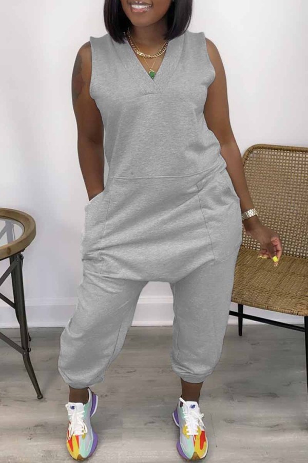 Grey Fashion Casual Solid Basic V Neck Regular Jumpsuits