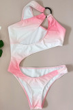 Pink Sexy Print Hollowed Out Split Joint Asymmetrical Swimwears