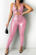 Pink Fashion Sexy Solid Hollowed Out Backless Halter Sleeveless Two Pieces