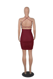 Burgundy Sexy Solid Hollowed Out Halter Pencil Skirt Dresses