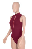 Green Sexy Solid Patchwork Hot Drill Zipper Collar Skinny Bodysuits