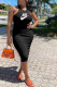 Black Fashion Casual Print Letter O Neck One Step Skirt Dresses