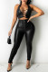 Black Fashion Sexy Solid Hollowed Out Backless Halter Sleeveless Two Pieces