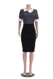 Black White Fashion Print Patchwork Turndown Collar Pencil Skirt Dresses