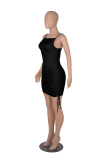 Burgundy Sexy Solid Fold Spaghetti Strap Pencil Skirt Dresses