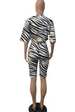 White Casual Street Print Zebra Print Patchwork O Neck Half Sleeve Two Pieces