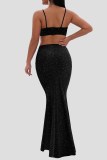 Black Fashion Sexy Solid Hollowed Out Backless Spaghetti Strap Evening Dress Dresses