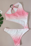 Pink Sexy Print Hollowed Out Split Joint Asymmetrical Swimwears