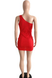 Pink Sexy Solid Hollowed Out Patchwork Draw String Oblique Collar Pencil Skirt Dresses