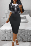 Black White Fashion Print Patchwork Turndown Collar Pencil Skirt Dresses