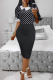 Black White Fashion Print Patchwork Turndown Collar Pencil Skirt Dresses