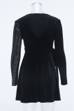 Black Fashion Solid Sequins V Neck Cake Skirt Dresses