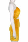 Yellow Fashion Sexy Solid Hollowed Out Backless Halter Sleeveless Dress