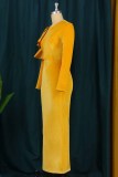 Yellow Fashion Casual Solid Patchwork Slit O Neck Long Sleeve Dresses