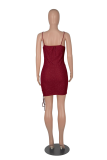 Burgundy Sexy Solid Fold Spaghetti Strap Pencil Skirt Dresses