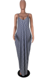 Blue Sexy Striped Patchwork Spaghetti Strap Straight Dresses