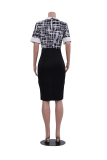 Black White Fashion Print Patchwork Turndown Collar Pencil Skirt Dresses