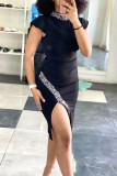 Black Fashion Sexy Patchwork Slit Half A Turtleneck Short Sleeve Dress