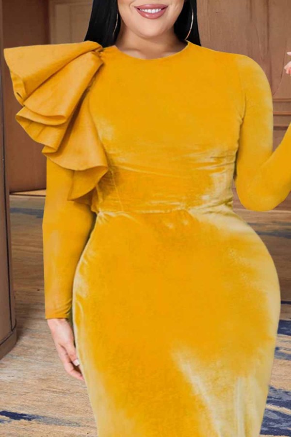 Yellow Fashion Casual Solid Patchwork Slit O Neck Long Sleeve Dresses