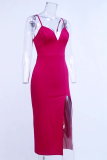 Red Sexy Solid High Opening Spaghetti Strap Pencil Skirt Dresses