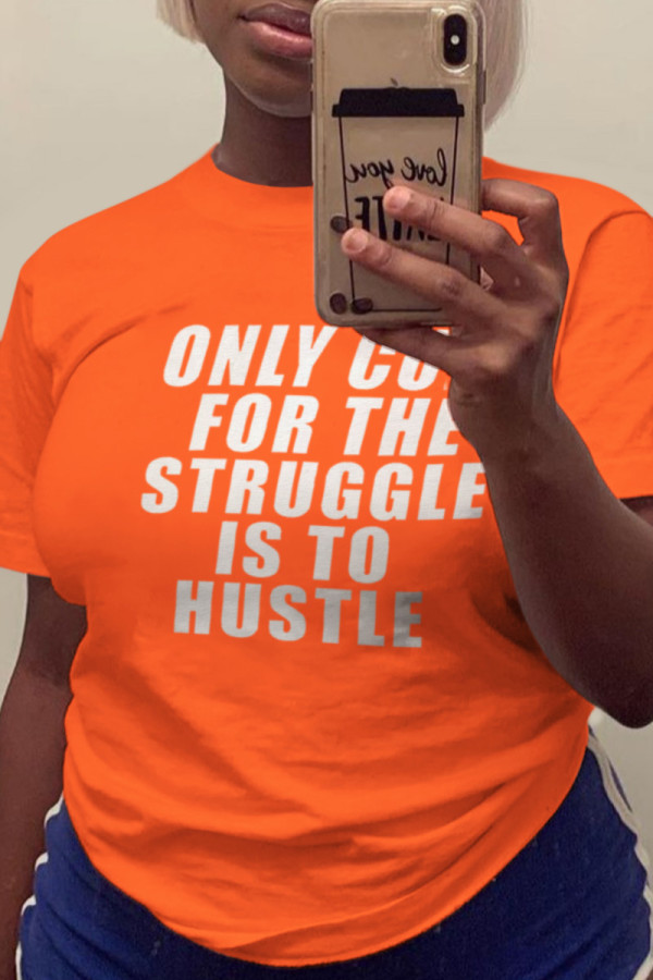Orange Casual Street Print Patchwork Letter O Neck T-Shirts