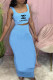 Light Blue Fashion Casual Print Letter Square Collar Sleeveless Two Pieces