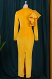 Yellow Fashion Casual Solid Patchwork Slit O Neck Long Sleeve Dresses