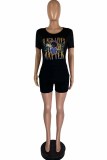Blue Fashion Casual Print Basic O Neck Short Sleeve Two Pieces