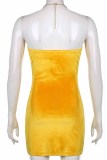 Yellow Fashion Sexy Solid Hollowed Out Backless Halter Sleeveless Dress